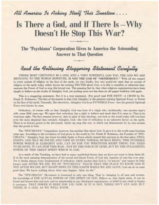 A flyer discussing the war, why God won't stop the war, and the power of God.