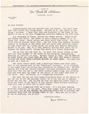A form letter from Frank B. Robinson addressing fear about the war and the tremendous Spiritual Power available through Psychiana.