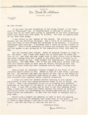 A form letter from Frank B. Robinson discussing orthodox religion and the Power of God.