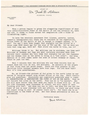 A form letter from Frank B. Robinson addressing the spirit of god and the war.