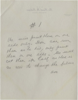 A handwritten note on the back of stationary about printing a document on one side only.