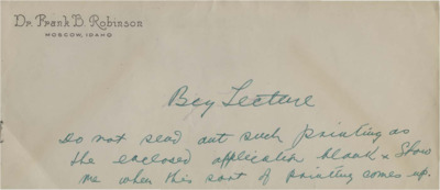 A handwritten note on an envelope about printing application blanks.