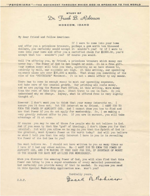 A form letter from Frank B. Robinson describing Psychiana as a priceless treasure for the reader to claim.