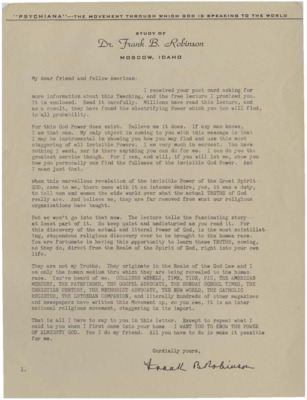 A form letter from Frank B. Robinson to inquirers of Psychiana.
