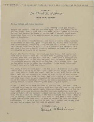 A form letter from Frank B. Robinson asking the reader about the lecture he sent.