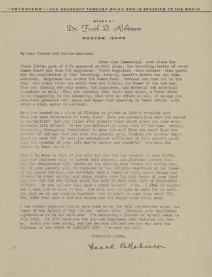 A form letter from Frank B. Robinson encouraging the reader to send in their application form.