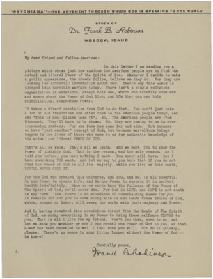 A form letter from Frank B. Robinson encouraging the reader to send in their application form and discover the Power of God.