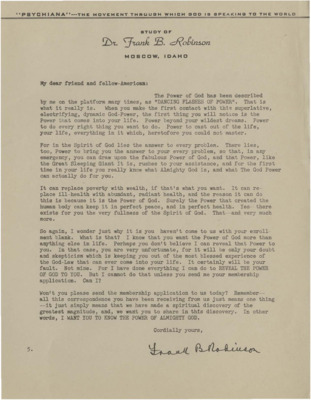 A form letter from Frank B. Robinson encouraging the reader to send in their application form and discover the power of God.