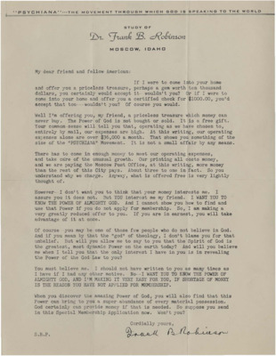 A form letter from Frank B. Robinson encouraging the reader to send in their application form and discover the power of God. Robinson compares the enrollment in Psychiana to priceless treasure.