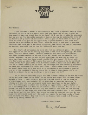 A form letter from Frank B. Robinson encouraging the reader to mail in an application form. Robinson compares the knowledge of Psychiana to a credit in the bank that only needs to be collected.