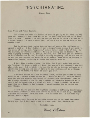 A form letter from Frank B. Robinson asking the reader not to make him turn over the past due account over to the legal department.