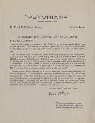 A form letter from Frank B. Robinson to new students of Psychiana.