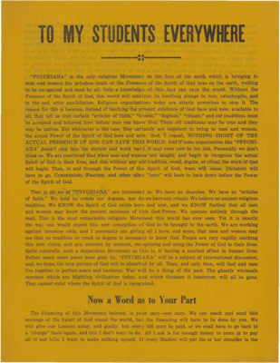 A form letter from Frank B. Robinson to students of Psychiana. Robinson explains the importance of the Psychiana movement and then asks for donations from all students.