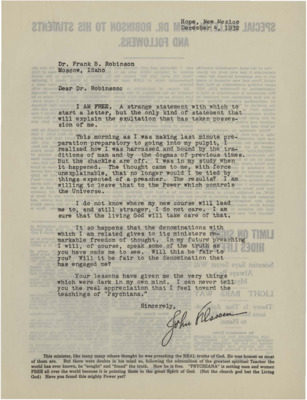 A flyer featuring a testimonial letter from a former minister and a special bulletin from Dr. Robinson. The special bulletin addresses a scientific report 'proving' the existence of eternal life.