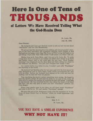 Flyer of a testimonial letter from a student of Psychiana.