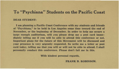 Front and back of a postcard sent out to students of Psychiana in the Bay area informing them of free meetings, but a substantial offering is requested.