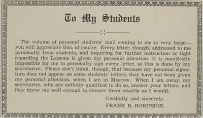 Note card from Frank B. Robinson reassuring his students that all correspondence regarding the Lessons are given his personal attention when he is in Moscow.