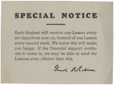 Postcard letting students know of a change in mailing.