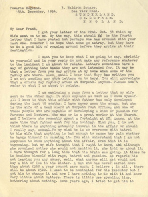 Letter responds to a letter from Robinson and details the scandal of an affair between their father and another woman. Arthur also asks Robinson personal details about himself and family.