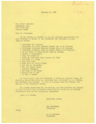 Exchange of letters in which Zimmerman thanks Alfred for his second donation of his father's books, to which Alfred replies that the safest place for his father's books is in the University of Idaho Library.