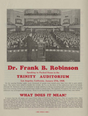 A flyer announcing a Frank B. Robinson speaking engagement at Trinity Auditorium.