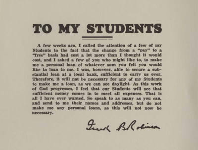 A single-page notice sent to members asking that they do not make Frank B. Robinson any personal loans.