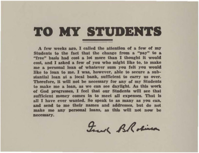 Notice that since lessons have switched from 'pay' to 'free,' or donation based, Robinson has had to ask students for loans and take out a loan from a bank. Robinson expresses his confidence that students will provide more funds to cover expenses.