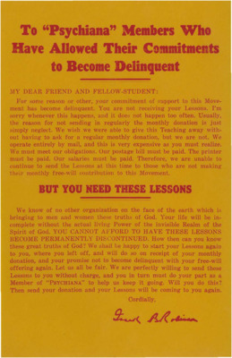 A single-page delinquent notice sent out to students. Robinson tells his students that upon receipt of their monthly donation he will restart their lessons where they left off.