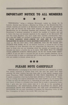A single-page notice sent out to students. Students are reminded that there is no charge for their lessons but those who send in their donations monthly will be given preference in the mailing out of lessons over those who do not send in their monthly donations.