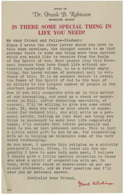 Letter sent to members requesting that they pay their bill in full after deducting one-third. Robinson tells his students that along with the payment to write him a personal letter telling him the one thing they need he will send them his best advice.