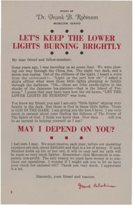 Letter sent to members requesting that they pay their bill. Robinson tells his students that it will make his load a lot easier if they will honor their promise and make their payments.