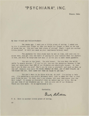 Letter sent to members requesting that they pay their bill. Robinson sends his students another piece of string to tie around their finger to remind them fulfill their obligations and make their payments.