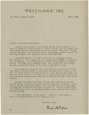 Letter sent to members requesting that they pay their bill. Robinson tells his students that he believes that they are fundamentally honest and asks them friend to friend to pay what they owe.