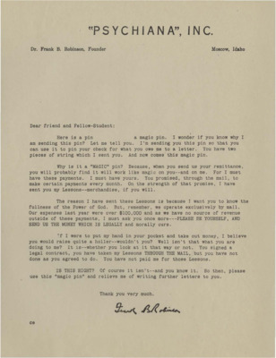 Letter sent to members requesting that they pay their bill. Robinson sends a magic pin to his students so that they are able to pin their check for what they owe to a letter.