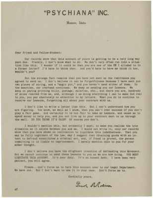 Letter sent to members requesting that they pay their bill. Robinson tells his students that to take goods with no intention of paying for them is fraud and if proven could lead to imprisonment.