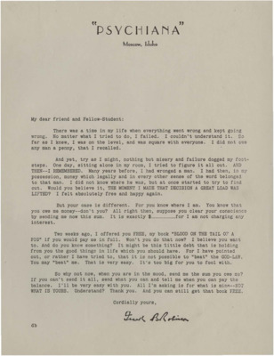 Letter sent to members requesting that they pay their bill. Robinson tells his students to clear their conscience and pay the debt they owe.