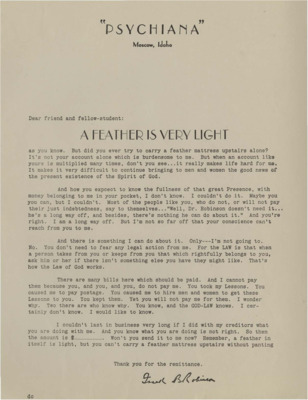 Letter sent to members requesting that they pay their bill. Robinson tells his students that it is not only the one debt alone, but it is all the students who received the lessons and do not pay that makes the debts burdensome to him.
