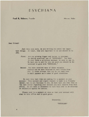 Letter sent to members requesting that they pay their account. Students are informed that this is the last letter they will be receiving about their overdue account for if no payment is received then the account will be turned over to an attorney or collection agency for action.