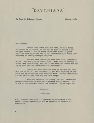 Letter sent to members requesting that they pay their bill and not become a burden to others. Psychiana is operated on cost basis.