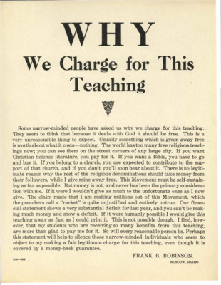 Similar to other form letters, this letter addresses accusations that Psychiana is a 'racket' while people pay for texts in other religions, like a Bible.