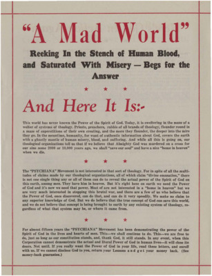 A flyer discussing the truth of Psychiana, the brutality of the world, the failures of orthodox religions, and people healed by Psychiana.