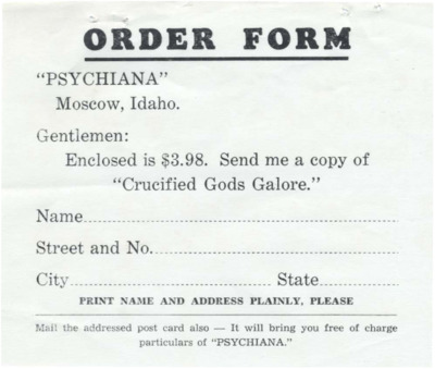 Advertisement for Robinson's book 'Crucified Gods Galore'.  Packet contains supposedly similar accounts to the story of Christ derived from other religious traditions.