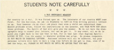 Single-page notice to students asks that they refrain from sending personal letters at this time.