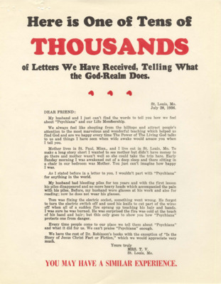 Flyer features reprint of a letter from a Psychiana student and her husband who have spread the word of Psychiana to others. The student also claims that her husband has left hard, difficult labor and also has better health and protection due to Psychiana. In bold red ink after the letter the flyer reads, 'YOU MAY HAVE A SIMILAR EXPERIENCE.'