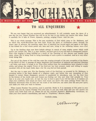 Letter sent to new Psychiana students assuring them that their membership information was received and that they will receive lesson no. 1 via mail shortly. Letter also asserts they have opened the door to a new Power in their life, using various metaphors of space and others to relay the vastness of this Power.
