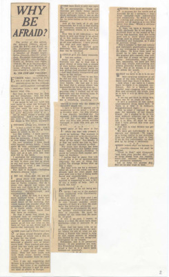 Clipping details the  experience of a veteran who claims to have fought in two wars and begins discusssing the pervasive nature of terror and fear in the daily life of citizens in the face of major world wars and how God can alleviate that fear.