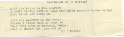 Call and response poem describes the conversation between a robin and sparrow discussing why human beings are anxious because they lack a divine being.