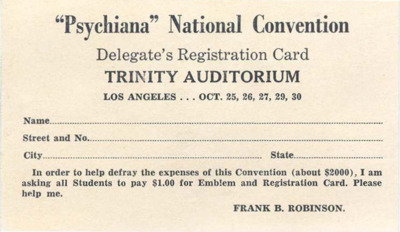 Registration Card for the 'Psychiana' National Convention in Trinity Auditorium, Los Angeles