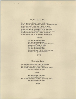Compiled lyrics of hymns titled 'Oh Dem Golden Slippers,' 'The Quilting Party,' and 'Carry Me Back to Old Virginny.'