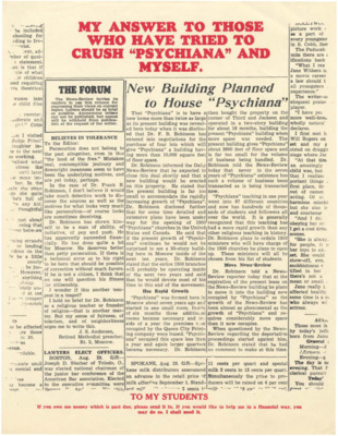 Ostensibly a news clipping from 'News-Review' that features two articles: a letter to the editor from a citizen of Moscow who argues that Robinson should be considered for citizenship because of the good he has done for Moscow and an article about Psychiana operations expanding in Moscow.